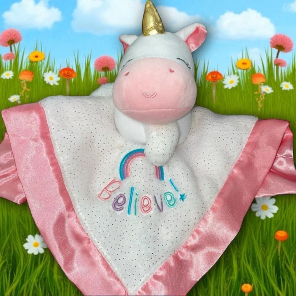 Magic Years Pink Unicorn Lovey Security Blanket Believe Rainbow Rattle Satin 13"